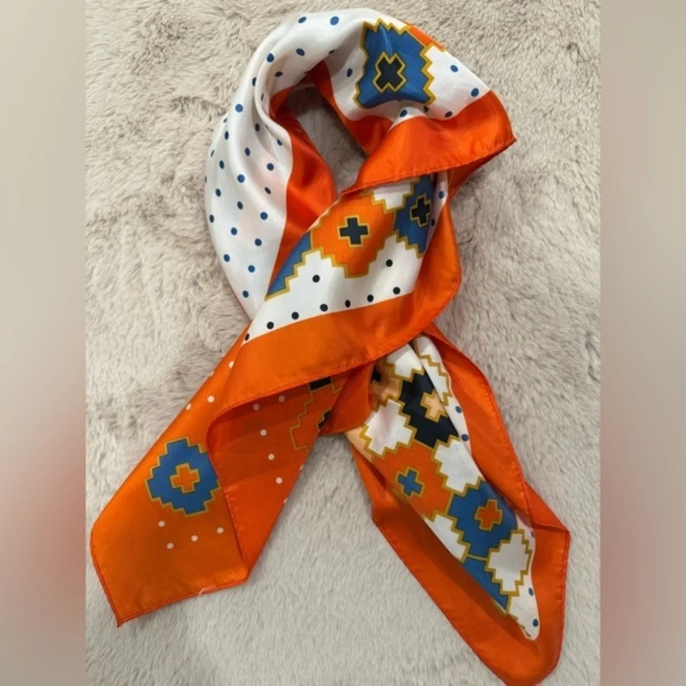 Vintage Style Geometric Print Square Scarf Orange Blue